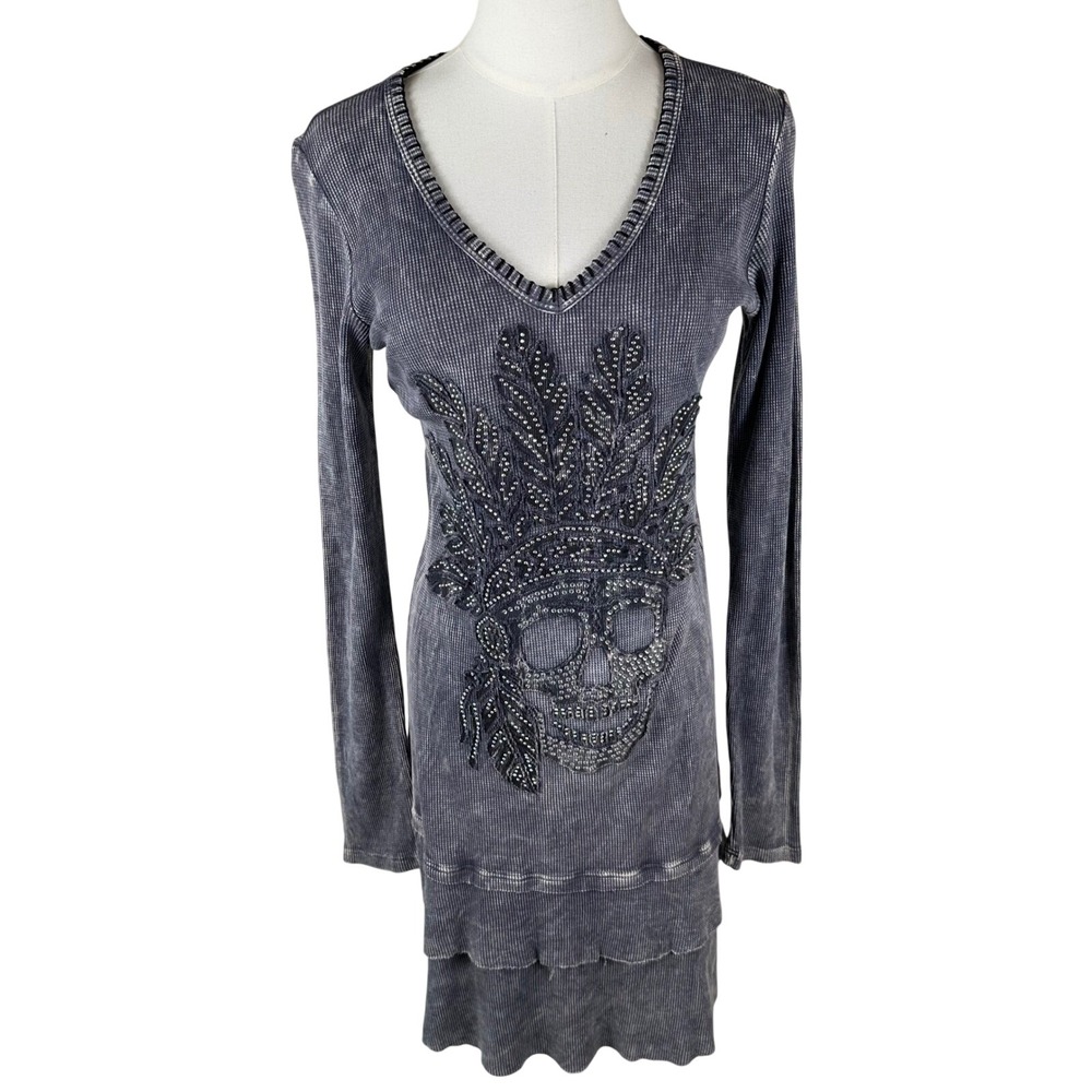 Vocal Tunic Dress Womens M Gray Waffle Knit Rhinestone Skull Mall Goth Biker Y2K